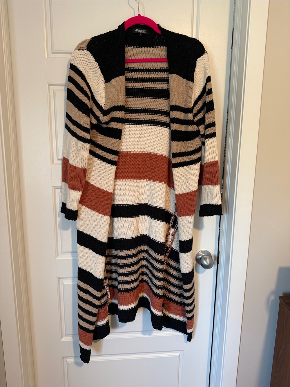 Open-Front Striped Long Cardigan Sweater - Black, Cream & Brown